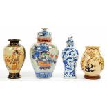 A CHINESE BLUE AND WHITE EARTHENWARE VASE AND COVER, 20TH C, KANGXI MARK, A SATSUMA VASE AND TWO