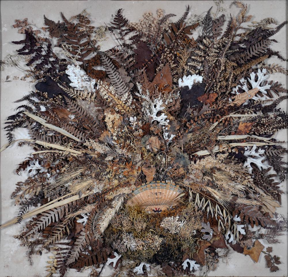 A VICTORIAN DRIED GRASSES PICTURE OF A BASKET OF FLOWERS, 41 X 45CM, MAPLE FRAME AND AN UNFRAMED,