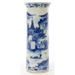 A CHINESE BLUE AND WHITE CYLINDRICAL VASE, PAINTED WITH A CONTINUOUS RIVER LANDSCAPE WITH FIGURES,