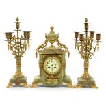 A 19TH C GILTMETAL MOUNTED ONYX GARNITURE DE CHEMINEE, THE ARCHITECTURAL CASED CLOCK WITH FRENCH
