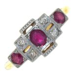 AN ART DECO OLD CUT DIAMOND AND RUBY RING, IN GOLD MARKED 18CT AND PLAT, 3G, SIZE Q++GOOD CONDITION