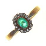 A 19TH C EMERALD AND DIAMOND RING, IN GOLD MARKED 18, 3.5G, SIZE N++EMERALD CHIPPED