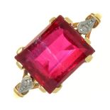 A SYNTHETIC RUBY AND DIAMOND RING IN GOLD, MARKED K18, 3G, SIZE N½ ++LIGHT WEAR CONSISTENT WITH AGE