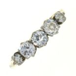 AN OLD CUT FIVE STONE DIAMOND RING IN GOLD, MARKED PLAT 18CT, 2.5G, SIZE R++9CT RING SIZER IN SHANK,