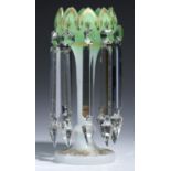 A VICTORIAN GREEN TINTED OPAL GLASS LUSTRE, C1870 with gilt palmette bowl and hung with prismatic