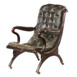 A VICTORIAN MAHOGANY ARMCHAIR, C1850  with padded shepherd's crook arms and carved lotus detail,