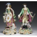 TWO CHELSEA FIGURES OF A SPORTSMAN AND SHEPHERDESS, C1770  richly enamelled and gilt, 26 and 27cm h,