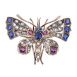 A RUBY, DIAMOND AND SAPPHIRE BUTTERFLY BROOCH, EARLY 20TH C   4.3cm, 15g Good condition
