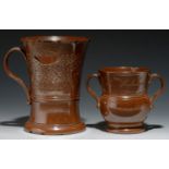 A DERBYSHIRE SALTGLAZED BROWN STONEWARE  LOVING CUP OF UNUSUAL SMALL SIZE, DATED 1812 of thistle