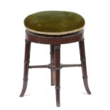 A REGENCY MAHOGANY AND INLAID PIANO STOOL, C1820-30 on ring turned legs, 46cm h On the underside