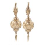 A PAIR OF VICTORIAN GOLD PENDANT EARRINGS, C1870 the filigree decorated sphere hanging from