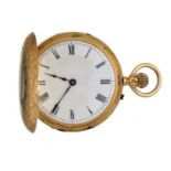 A SWISS 18CT GOLD HALF HUNTING CASED KEYLESS CYLINDER LADY'S WATCH, C1900  the case engine turned