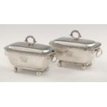 A PAIR OF GEORGE III OBLONG SILVER SAUCE TUREENS AND COVERS  with hinged handles, crested, 11.5cm h,
