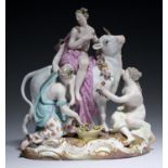A MEISSEN GROUP OF EUROPA, LATE 19TH C 23cm h, incised 2697, underglaze blue crossed swords with
