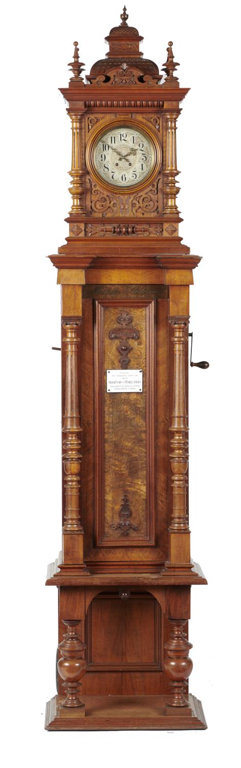 MUSIK-AUTOMAT. A GERMAN WALNUT COIN OPERATED DISC MUSICAL LONGCASE CLOCK, LEIPZIG, C1900 the