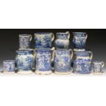 FIVE BLUE PRINTED PEARLWARE AND EARTHENWARE IMPERIAL MEASURE JUGS AND FIVE MUGS, C1830-40 quart-