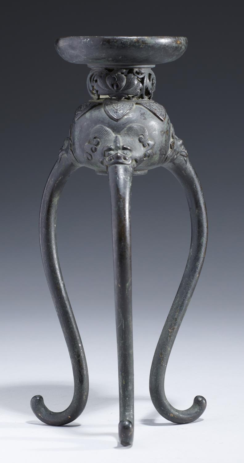 A CHINESE BRONZE TRIPOD CENSER, C LATE 19TH C  on mask headed legs, 23.5cm h Encrusted with old dirt