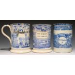 THREE CYLINDRICAL BLUE PRINTED PEARLWARE AND EARTHENWARE INN KEEPER'S MUGS, C1820 AND MID 19TH C the