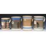 FOUR CYLINDRICAL BOVEY TRACEY POTTERY CO, MALING AND OTHER MOCHA WARE MUGS, 19TH C  quart and