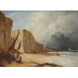 BRITISH SCHOOL, 19TH CENTURY FISHERFOLK ON A BEACH  oil on panel, 29 x 39cm Cleaned probably when