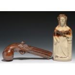 A STEPHEN GREEN SALTGLAZED BROWN STONEWARE GIN FLASK IN THE FORM OF A FLINTLOCK PISTOL, C1840 20.5cm