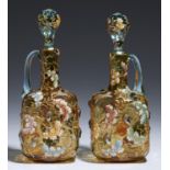 A PAIR OF MOSER ENAMELLED AMBER AND KINGFISHER BLUE GLASS DECANTERS AND STOPPERS, C1900  applied
