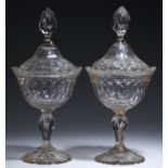 A PAIR OF VICTORIAN HEXAGON CUT GLASS SWEETMEAT VASES AND COVERS, LATE 19TH C  39cm h Knop and