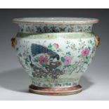 A CHINESE FAMILLE ROSE FISH BOWL, QING DYNASTY, 19TH C  enamelled with peafowl and peony between