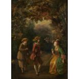 FOLLOWER OF NICOLAS LANCRET  LOVERS AND A MUSICIAN IN A GARDEN  oil on panel, 25 x 18cm Localised