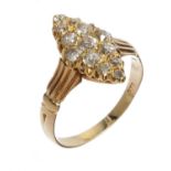 A DIAMOND MARQUISE CLUSTER RING  with old cut diamonds and fluted shoulders, in gold marked 18, 3.