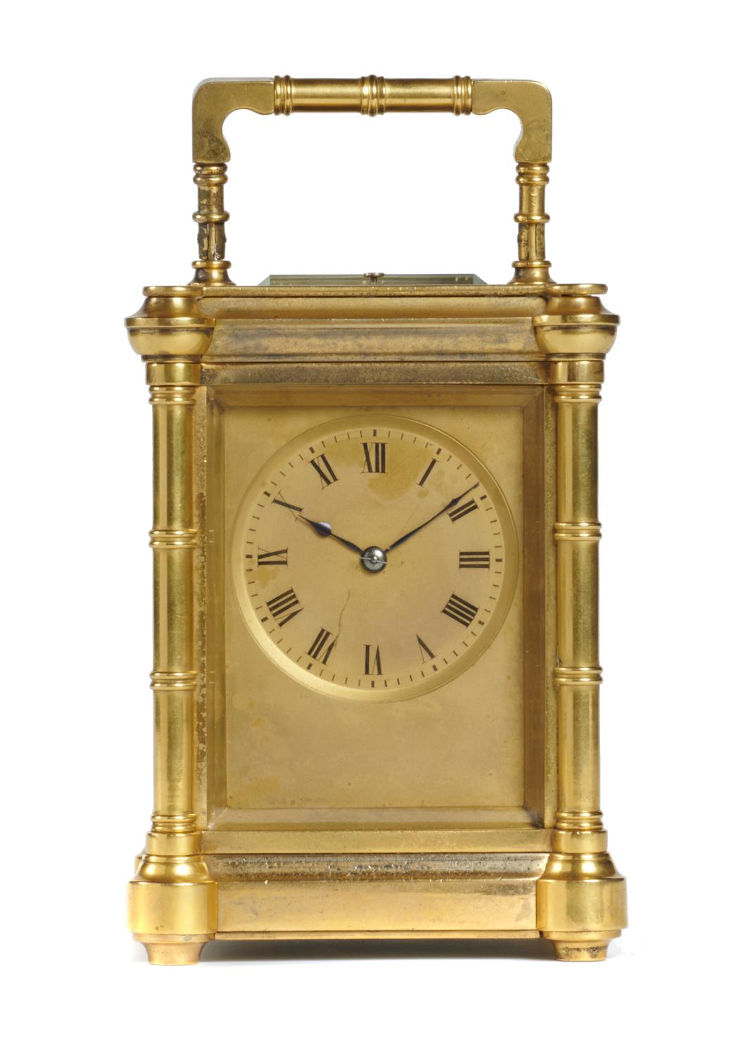 A FRENCH GILT BRASS CARRIAGE CLOCK, LATE 19TH C  with matt gilt mask dial and blued steel hands, the