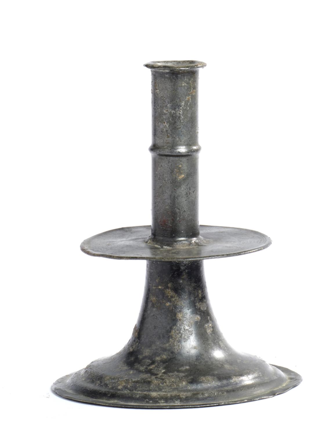 A 17TH C STYLE PEWTER TRUMPET BASED CANDLESTICK, PROBABLY 19TH C  12.5cm h Localised old corrosion