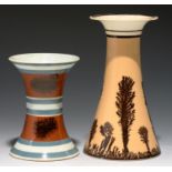 A CREIL MOCHA WARE VASE AND A SPOOL SHAPED MOCHA WARE SPILL VASE, BOTH C 1820  the first with well