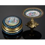 A FRENCH GILTMETAL AND ENAMEL BOX, LATE 19TH C  of round cushion shape, the lid painted with an 18th