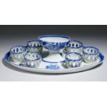 A WEDGWOOD BLUE PRINTED PEARLWARE EGG FRAME, C1830  with integral reticulated egg cups and