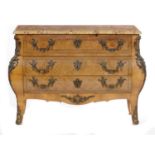 A FRENCH ORMOLU MOUNTED KINGWOOD AND PARQUETRY BOMBE COMMODE, C1900 in Louis XV style with breche