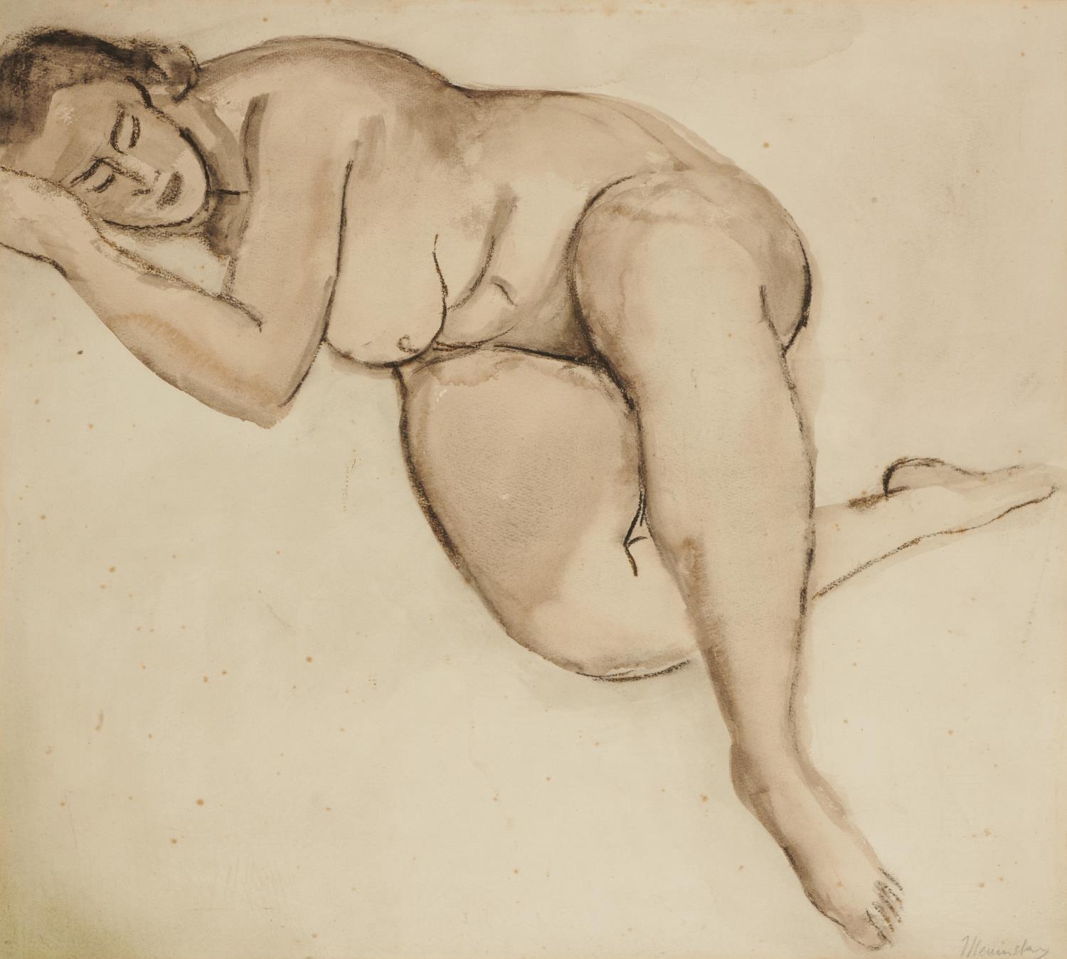 ?BERNARD MENINSKY, NEA, LG (1891-1950) SLEEPING NUDE signed, charcoal and wash, 42.5 x