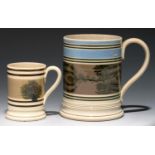 TWO MOCHA WARE MUGS, SECOND HALF 19TH C  quart and half-pint, one with seaweed decoration, 10 and