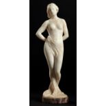 AN ALABASTER STATUETTE OF A SEMI NAKED YOUNG WOMAN, EARLY 20TH C  on marble base, indistinctly