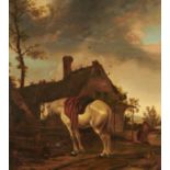 FOLLOWER OF PAULUS POTTER WHITE HORSE AND PEASANTS OUTSIDE AN INN  oil on panel, 33 x 30cm Old