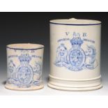 TWO RARE WAISTED OR CYLINDRICAL DAVENPORT BLUE PRINTED EARTHENWARE IMPERIAL MEASURES, 1837 AND C1845