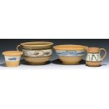 A MOCHA WARE CACHE POT, JUG, BASIN AND CHAMBER POT, C1830 AND LATER   of buff earthenware, decorated