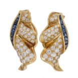 A PAIR OF DIAMOND, SAPPHIRE AND GOLD RUFFLE EARRINGS pave set with calibre cut sapphires, clip