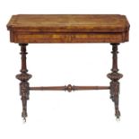 A VICTORIAN WALNUT, AMBOYNA AND LINE INLAID CARD TABLE, C1860  the quarter veneered top with re-