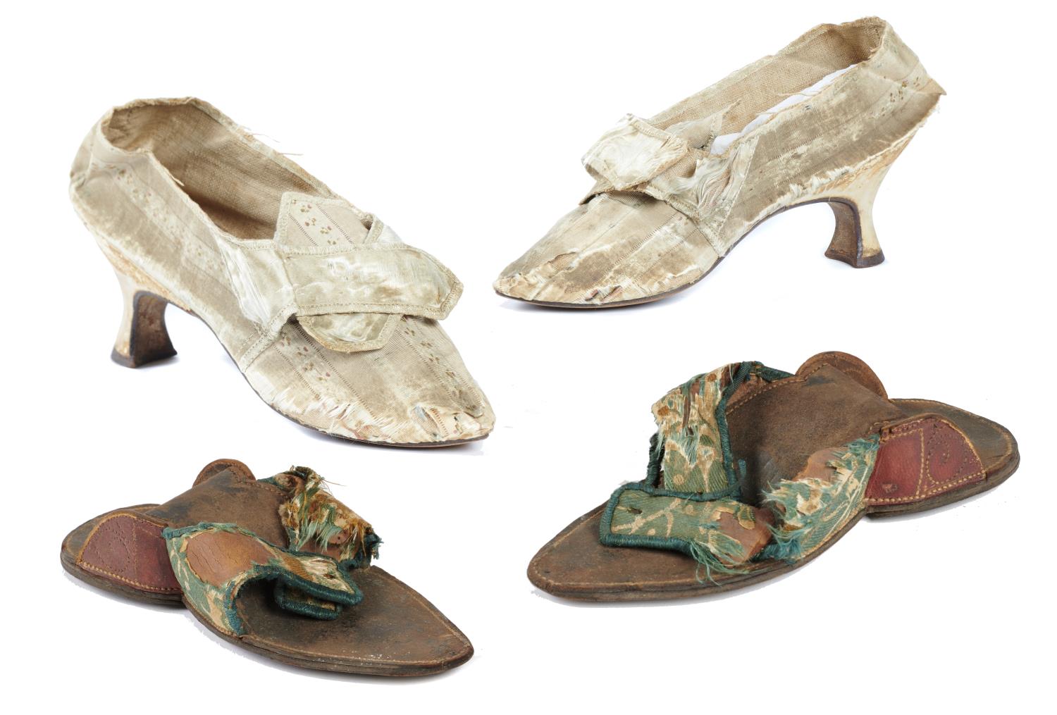 A PAIR OF LADY'S SHOES WITH PATTENS, BOTH EARLY 18TH C  the shoes of ivory silk with embroidered