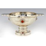 A GEORGE V CELTIC REVIVAL SILVER TROPHY  in the form of a quaich set with citrines, 39cm over