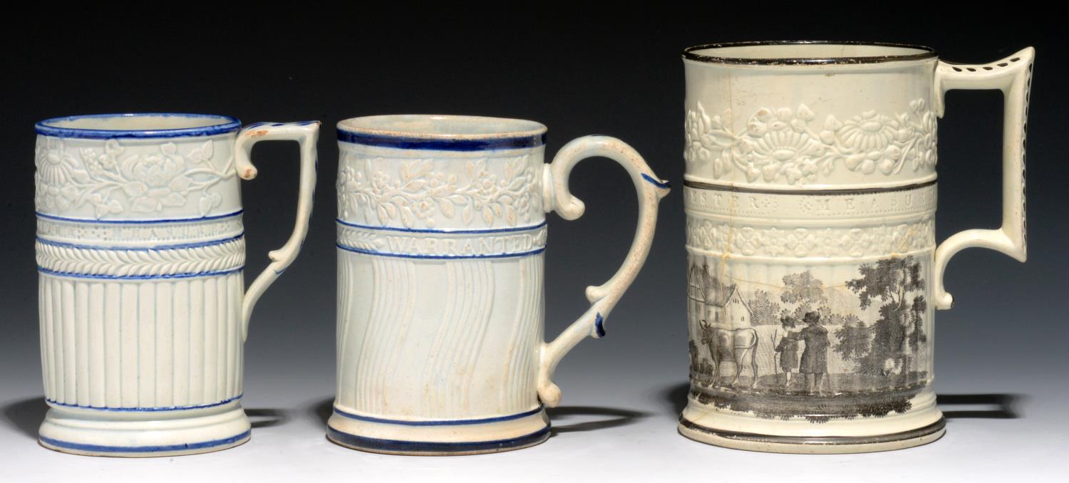 A RARE THOMAS FELL MOULDED CYLINDRICAL PEARLWARE WINCHESTER MEASURE AND TWO OTHERS, C1830 quart