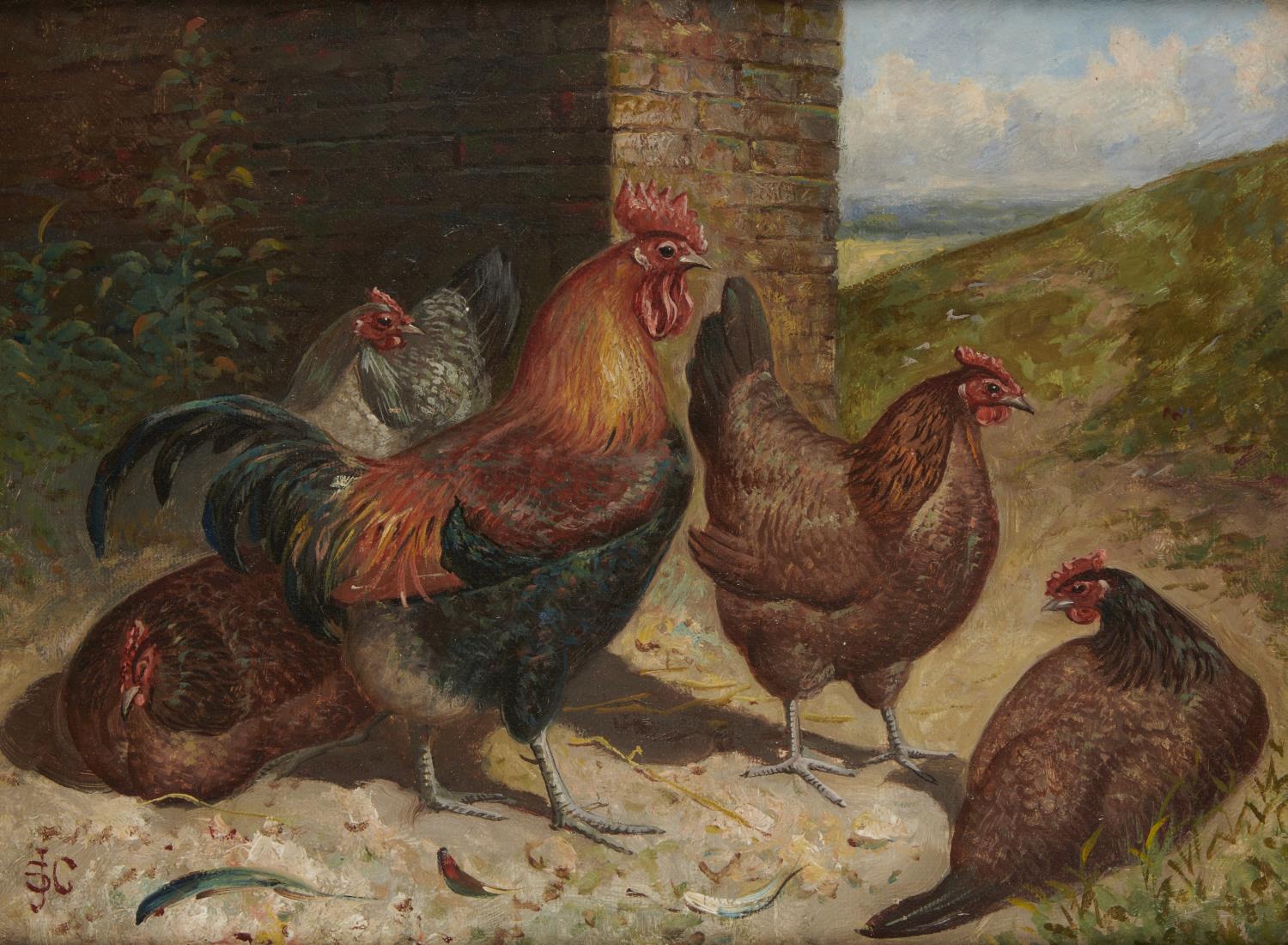 SAMUEL JAMES CLARK (SAMUEL JOSEPH CLARK) (1841-1928) COCKEREL AND HENS signed with initials, oil