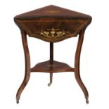 A VICTORIAN SERPENTINE TRIANGULAR ROSEWOOD INLAID AND PENWORK DECORATED DROP LEAF TABLE, C1890  with