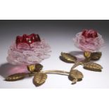 A VICTORIAN CRANBERRY AND SHELL PINCERED CLEAR GLASS TWIN FLOWER TABLE ORNAMENT, PROBABLY